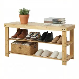 Shoe Rack Bench, 3-Tier Bamboo Shoe Storage Organizer with Seat, Heavy Duty Entryway Bench for Hallway Living Room, 30x90x45cm Shoe Shelf for Closet Bedroom, Natural/Brown/Black/White