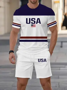 Men's Sport Round Neck Short Sleeve Top and Shorts Set, Usa Letter 3D Print Casual, Fitted Drop Waist Tee and Track Shorts, Casual Gym Wear, Summer Activewear, Athleisure Wear, Sportswear Set