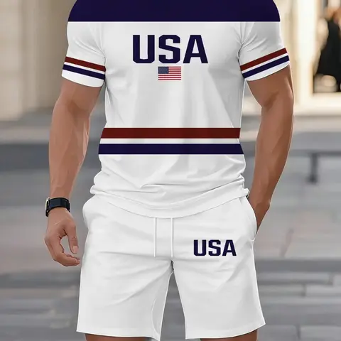 Men's Round-Neck Short-Sleeve Top and Shorts Set, Casual, USA Letter 3D Print, Fitted Drop-Waist Tee and Track Shorts for Summer Gym and Athleisure Wear, Athletic Shorts Set