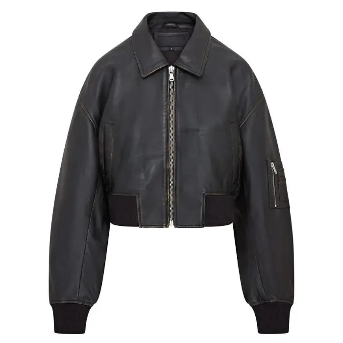 Renat Oversized Leather MA-1 Cropped Bomber Jacket