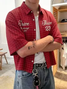 Men's Red Plaid Cropped Button Down Shirt, Loose Streetwear Top For Urban & Summer Wear