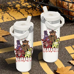 Game F-Five Nights at Freddy's Vacuum Flasks 30oz Stainless Steel Flip Straw Tumbler with Handle - Leakproof Twist Lid Vacuum Insulated Travel Mug - BPA Free Reusable Water Bottle for Gym Work and Travel - Fits Car Cup Holders