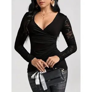 Elegant Black Lace-Trimmed Long Sleeve T-Shirt for Women - Chic V-Neck, Slimming Fit with Ruched Detail, Perfect for Spring/Summer/Fall Events