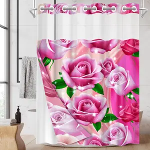 1PC/4PCS 2D Flat Printing Pink Purple Red Roses with Green Leaves Patterned shower curtain, home bathroom decor, Bathroom Supplies, shower curtain set with 12 hooks, non-slip bathroom rug, U-shaped toilet seat cover, toilet seat mat.