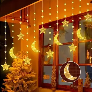 1pc 98 LED Moon and Star Fairy String Lights, Battery Powered Resin Hanging Decorations, Home Decor Ornament for Birthday, Ramadan, Eid al-Fitr, Outdoor, Patio, Garden, Balcony - 299.92cm with 8 Modes, Push Button Control (Battery Not Included)