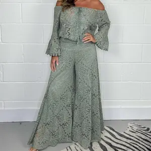 2 Piece Sets for Women Off Shoulder Lace  Top and Lace Flowy Wide Leg Pants  Vacation  Outfit Going Out