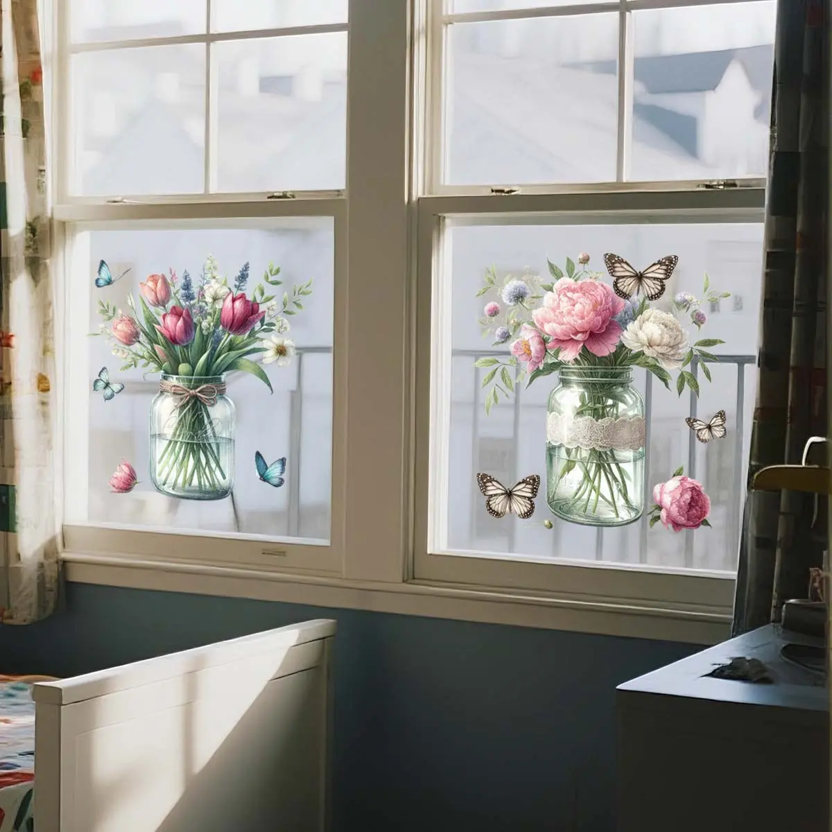 A set (30*30CM*2pcs) of floral butterfly flat 2D window stickers, window decoration static glass stickers Floral Pattern Sticker D20596-NC
