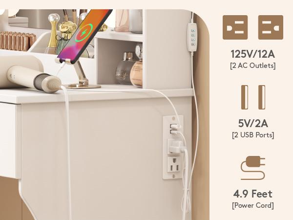 Lifewit Vanity with Mirror Adjustable Lighting, 2 Power Outlets/USB Ports, Makeup Desk with Storage Stool, 8 Open Shelves, 2 Drawers, Lipstick Holders
