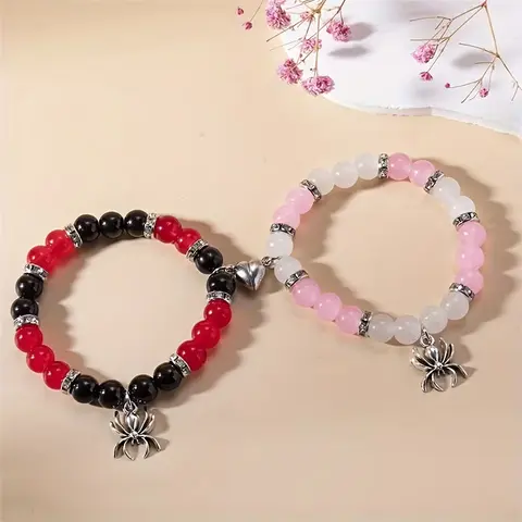 Women's Magnetic Spider Bracelet Bundle, 2-Piece 8mm Beads Costume Jewelry, Matching BF and GF Daily Accessories, Romantic Gifts for Boyfriends & Girlfriends