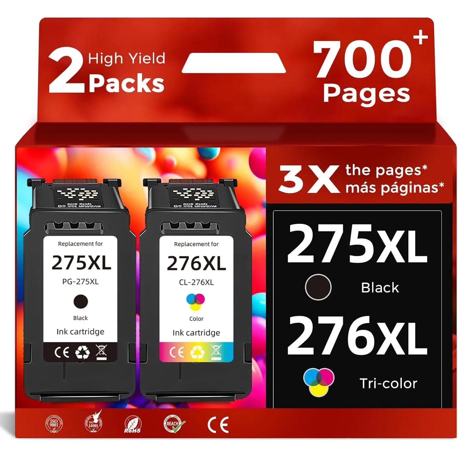High Yield PG-275XL & CL-276XL Compatible Ink Cartridges Combo Pack (Black, Tri-Color) for Canon Pixma Series Printers TS3722, TR4720, TR4722, TR4700, TS3522, TS3700, TS3720, TS3520, TS3500