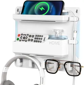 Bedside Shelf Wall Mount, Adhesive Bedside Shelf Accessories Organizer with Hooks and  Clips,Dorm Bedside Wall Storage for Phone, Remote, Earphone, Kindle,Plastic(White)