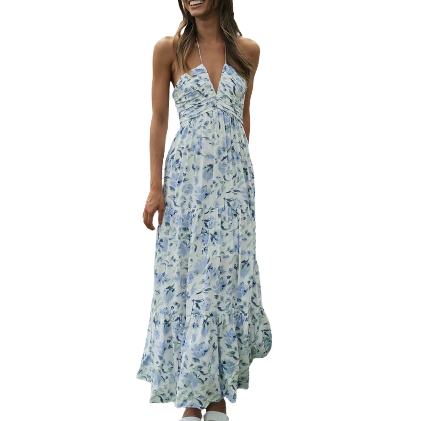 Women Long Dress, Elegant Sleeveless Tie-up Halterneck Floral Dress Summer Swing Dress Blue Casual Light Polyester