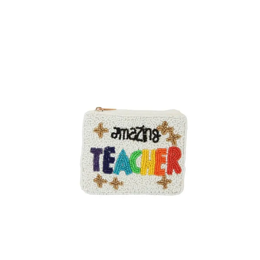 Women's Chic White Fully Beaded Teacher-Themed Coin Purse, Stylish Coin Holder for Ladies, Coin Holder/Purse