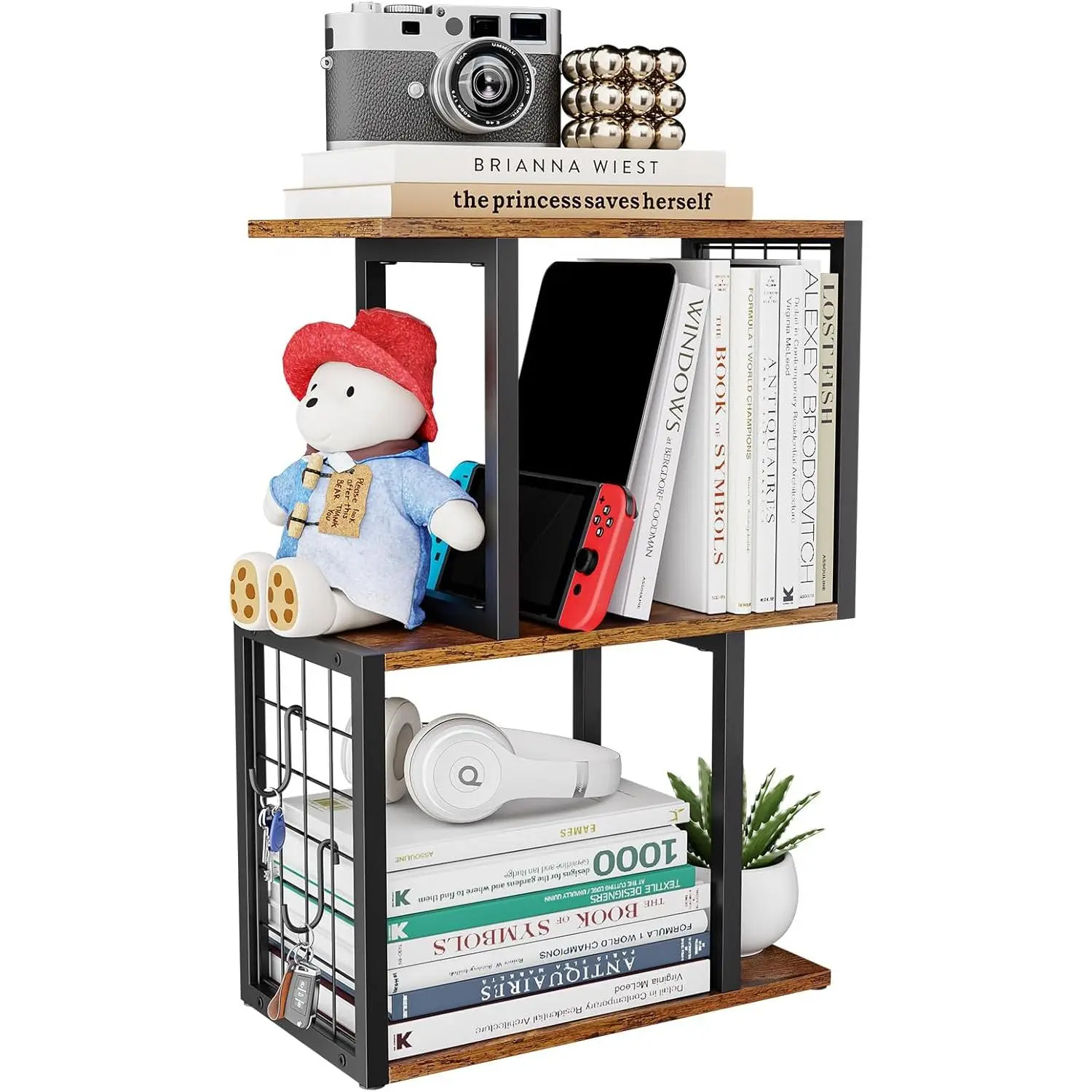Desktop Bookshelf,3-Tier Desk Organizer Shelf with Hooks Desk Organization Deals for Office Storage Rustic Brown
