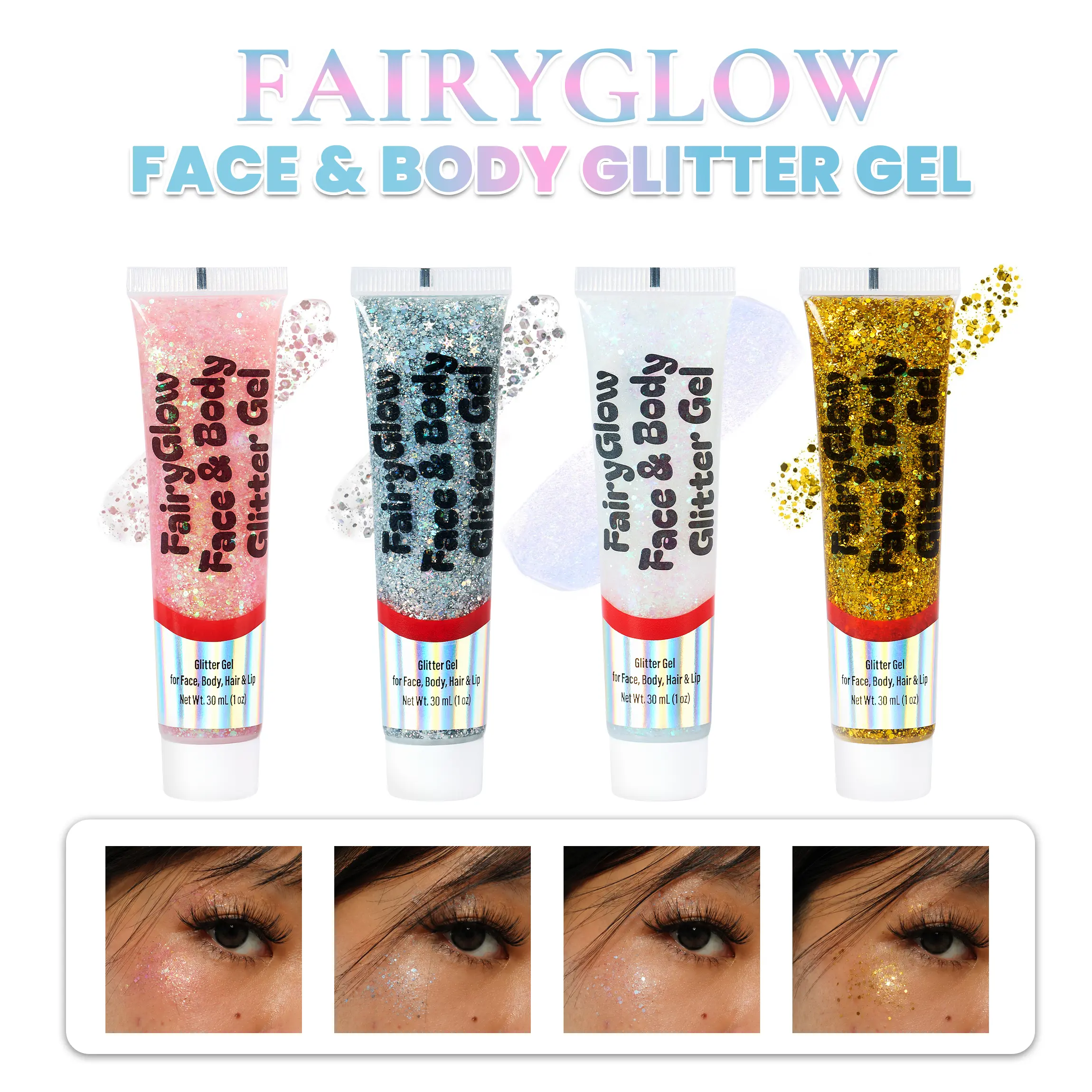 RUBY VIBE CO FairyGlow Face & Body Glitter Gel - Multi-Use Cosmetic Glitter for Face Body Hair & Lip Non-Toxic Skin-Friendly in Pink Gold White Silver