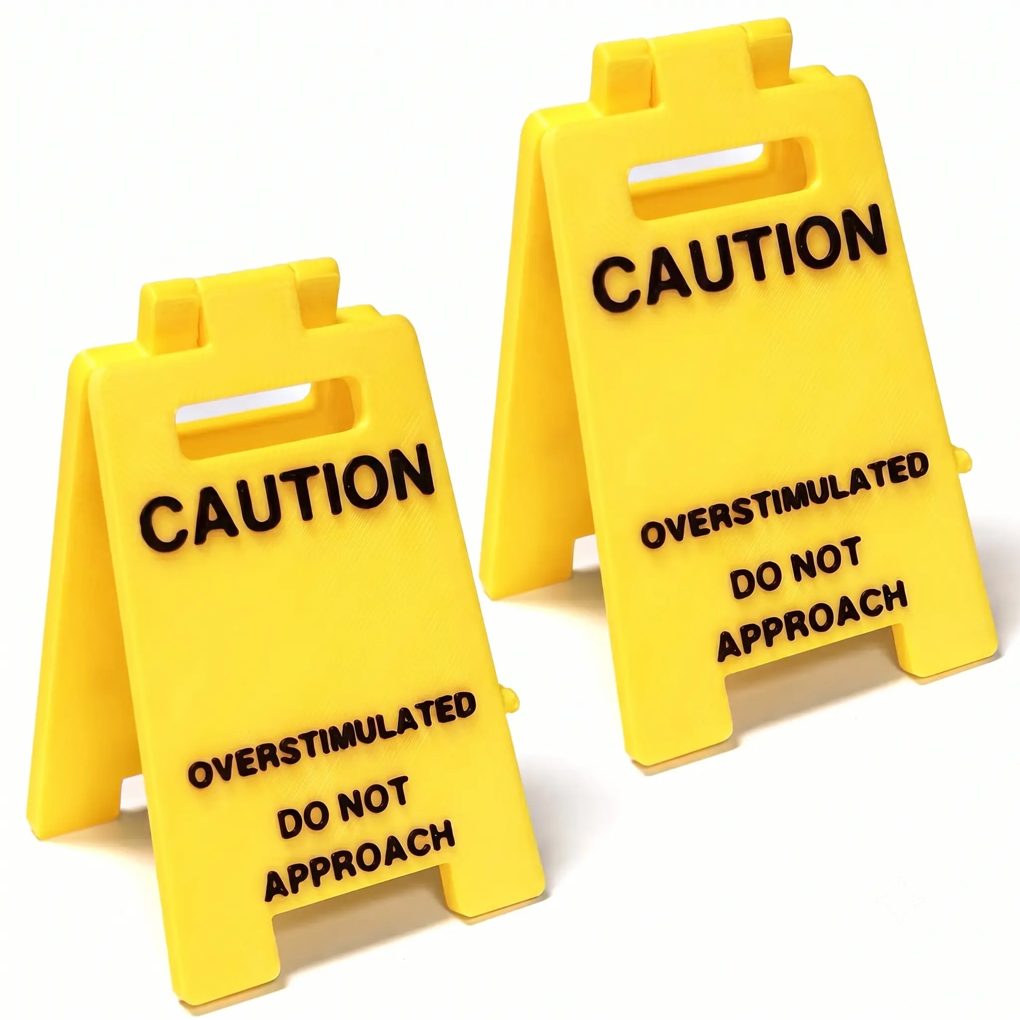 2PC Caution Overstimulated Desk Sign - Yellow Sign with Black Text, Funny Prank Gift Office Desk Decor Overstimulated Do not Approach Warning Signs Humor Desktop Decoration, Mini Novelty Funny Desk Decor(2 Pcs Caution)