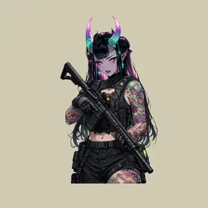 Cyber Demon Girl Horns Tactical Gun Sticker, Anime Dark Fantasy Tattoo Vinyl Decal Art