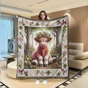 Forest Wreath Cow Patchwork Flannel Blanket, Multifunctional Camping Travel Throw, Room Decoration Blanket, All Seasons Gift