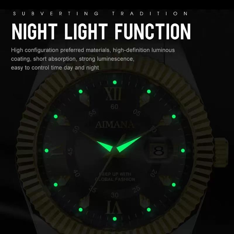 AIMANA  luxury business watch features an all-gold design, water- and scratch-resistant durability, and a precision-engineered movement that ensures smooth, accurate timekeeping—bringing out timeless elegance and undeniable confidence.