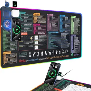 4-in-1 Wireless Charging RGB Mouse Pad with Excel Shortcuts, 15W Charging, Phone Stand, 13 LED Lighting Modes, 31.5x11.8in Extra-Large Size, Non-Slip Waterproof Surface, 1.5m Cable, Bonus Stretch Guide for Gamers, Streamers