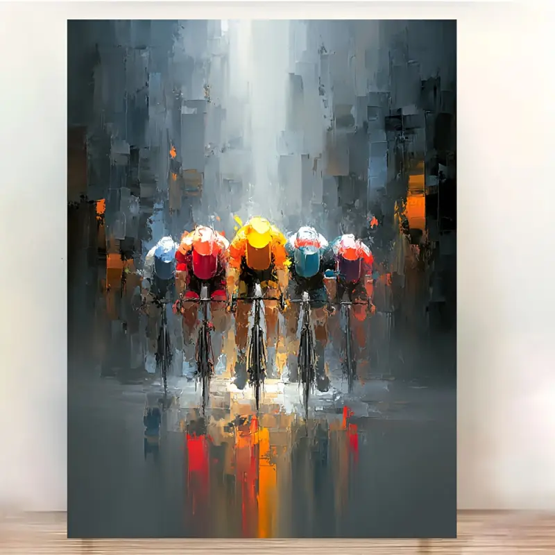 1 Piece Framed Abstract Cyclist Canvas Painting - Modern Orange Blue Red Dynamic Cyclist Poster, Dark Background with Motion Blur Effect - Home, Office, Gym, Bicycle Shop Inspirational Sports Decoration - Ready-to-Hang Wall Art Print (30.48x 40.64cm ), 2D