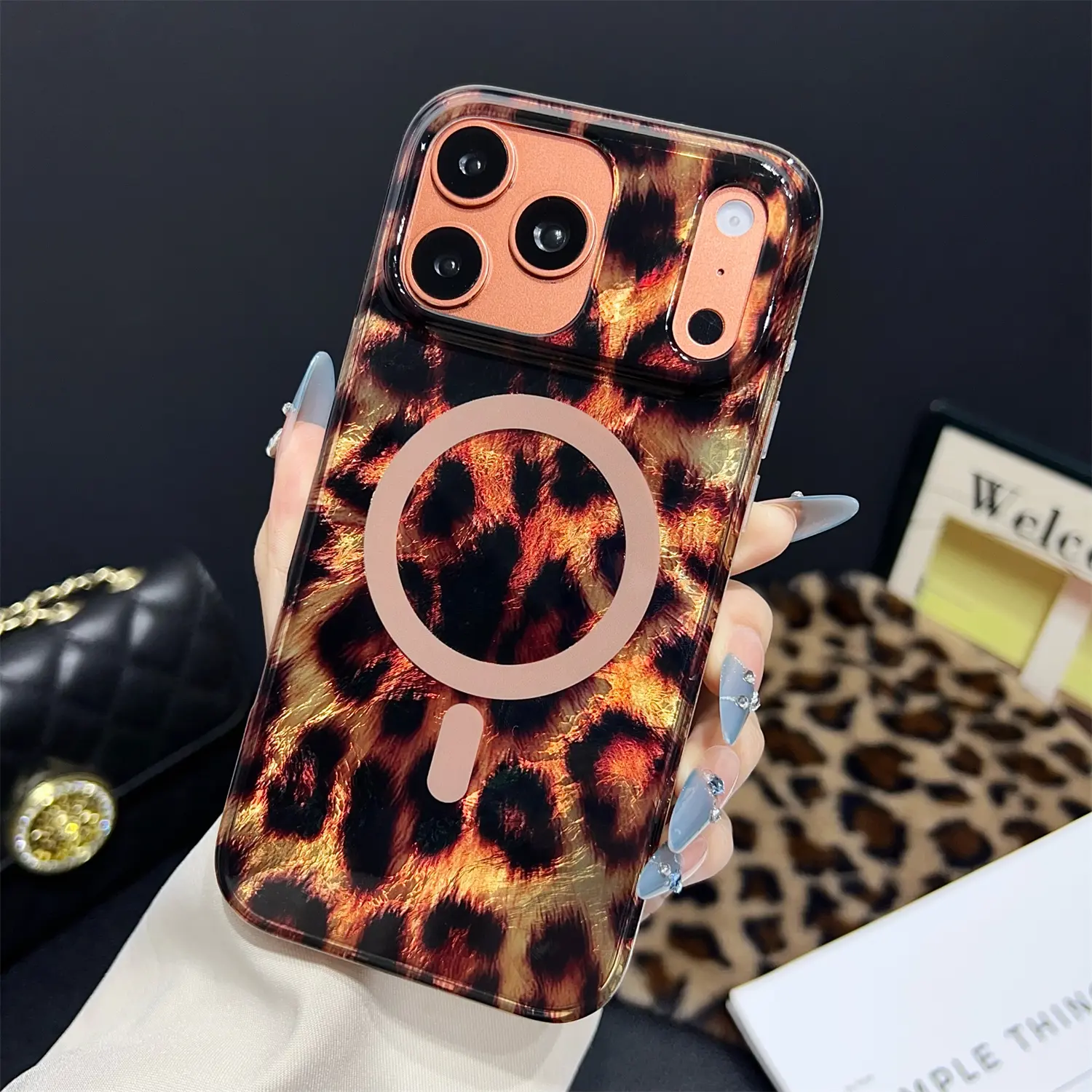 Magnetic MagSafe-Compatible Gold Leopard Print Smartphone Casing for iPhone 17 Pro Max,16,15,14,13,12 - Cute Sparkle Glossy Shockproof Cover for Handheld Cellphone Devices with Enhanced Wireless Charging Protection