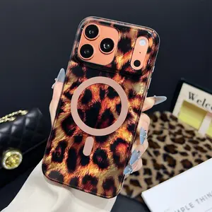 Magnetic for iPhone 17 Pro Max Case 16 15 14 13 12 Gold Leopard Print Pattern, Compatible with MagSafe, Wireless Charge Strengthen Protection Cover, Cute Sparkle Glossy Shockproof Protective Cover