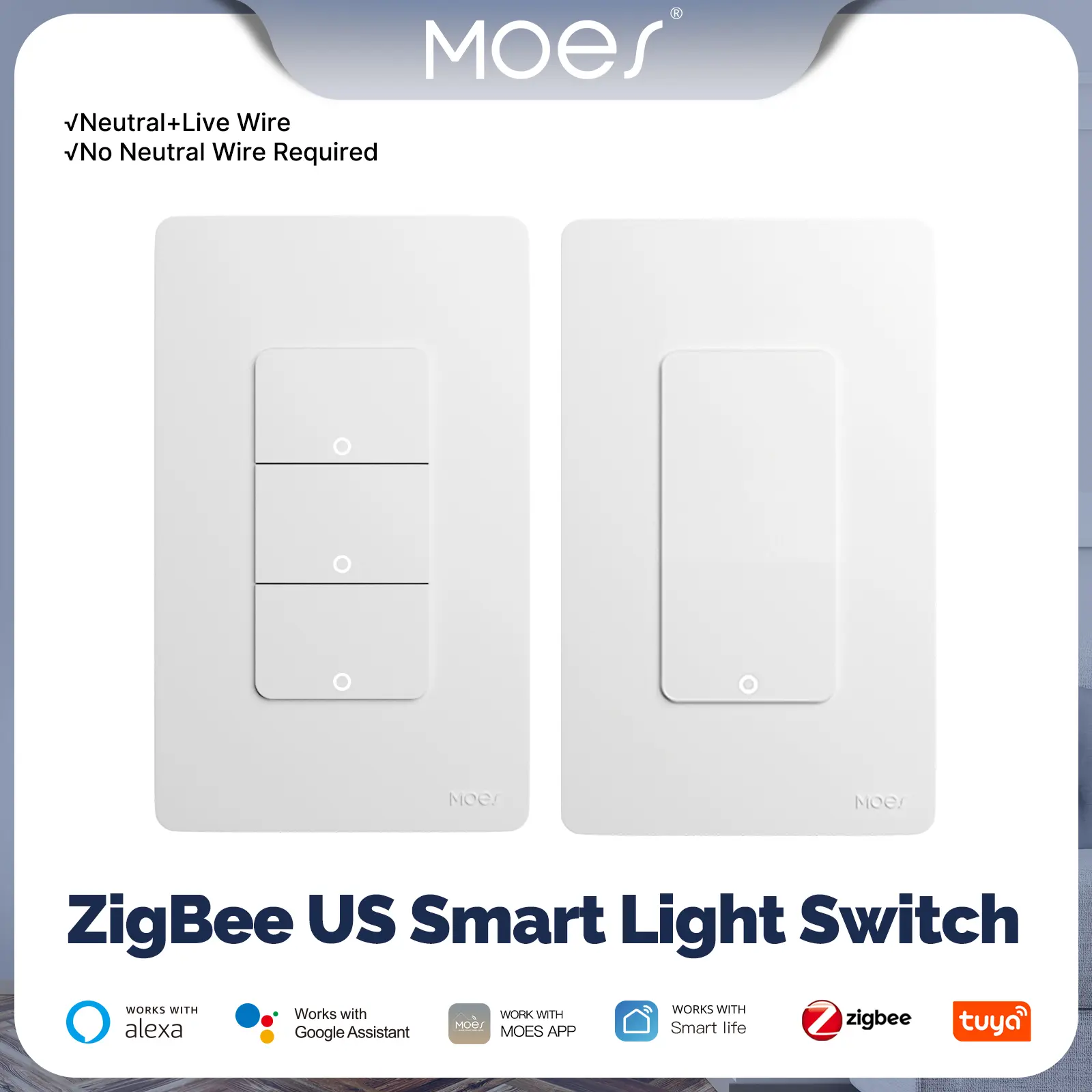MOES Single Pole Smart Light Switch - No Neutral Wire Needed, 3W Minimum, Shallow Body, Zigbee Compatible, Requires MOES Hub, Voice Control, Works with Alexa & Google Assistant, Tuya Smart Life Supported, Double Switch