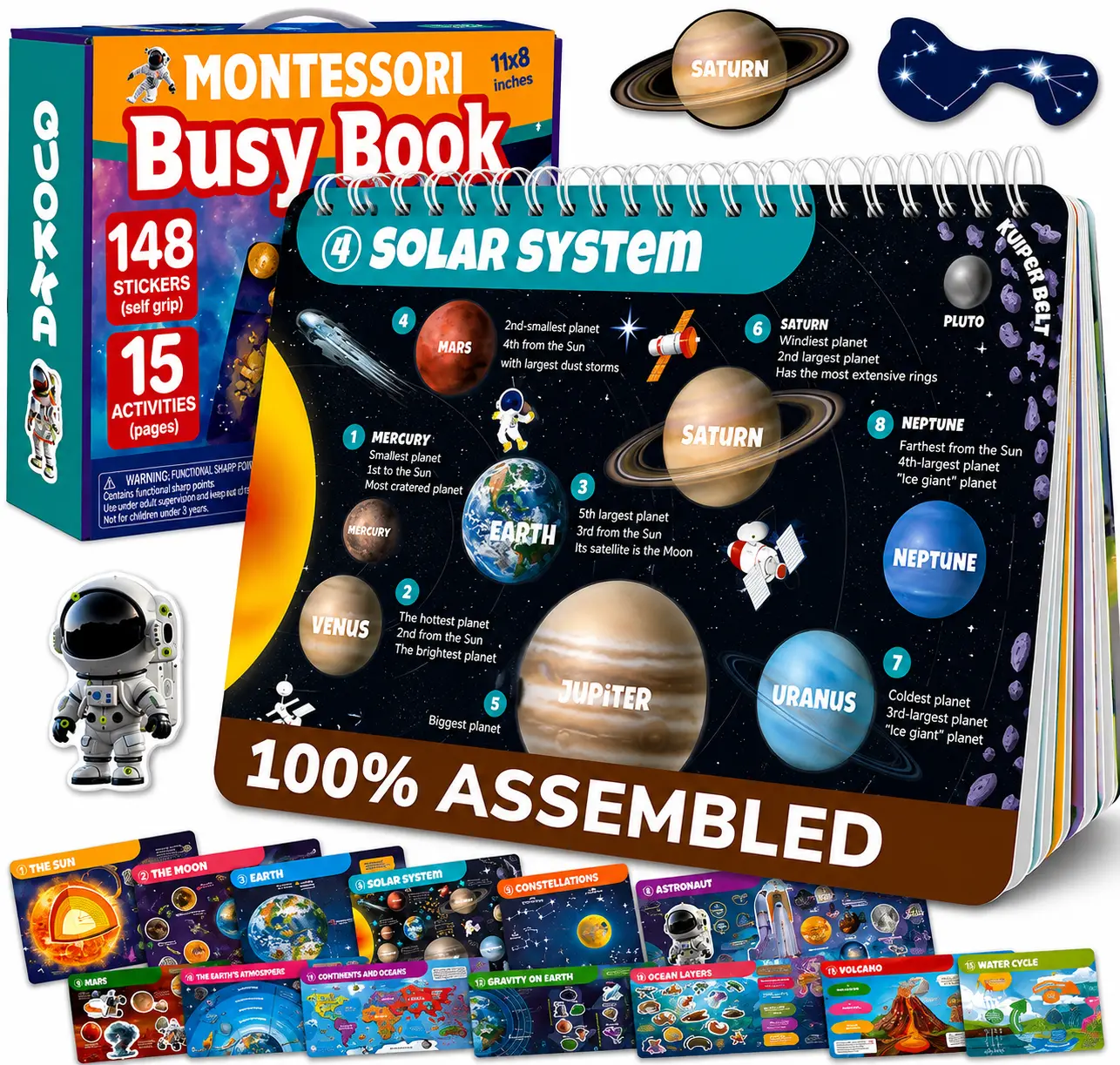 QUOKKA Montessori Unisex Space-Themed Busy Book with Colorful Vocabulary Flash Cards - 3-5 Years, 15 Educational Activity Pages, 148 Self-Grip Stickers, Early Knowledge-Building Interactive Toy, Colorful Cards, Vocabulary Flashcards