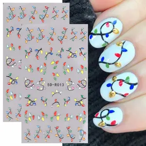 2pcs Christmas Festive Embossed Nail Art Stickers, 5D Glossy Cute Christmas Lights Design Self-Adhesive Decals, Festive Nails, Perfect Holiday Gift for Women & Girls, Gift Choice