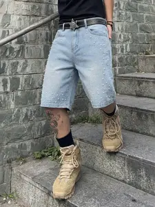 Original Rhinestone Pearl Denim Shorts, Washed Vintage Pearls Pants, Trendy Casual Men's Jeans, Fashionable Loose Fit, Pocket, Bottom