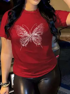 Women's Butterfly Pattern Round Neck Tee, Fashion Casual Crew Neck Short Sleeve T-shirt for Daily Holiday Vacation Outdoor Wear, Ladies Clothes for Summer