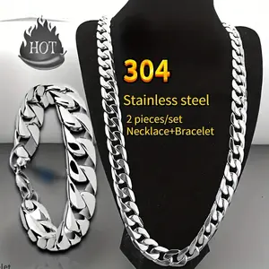 2pcs/ set Stainless Steel Men's Necklace And Bangle Set, Hip Hop Punk Couple Chain