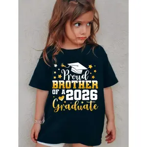 2026 Graduate Proud Brother T-Shirt for Boys & Girls - Golden Grad Cap & Star Cap Graphic, Cotton Breathable Commencement Outfit, Graduation Party Wear, Loose Fit ' Celebration Tee