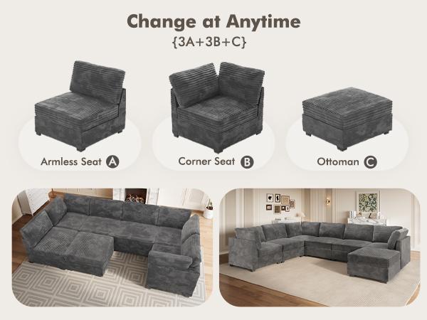 【DIY Combination】Ovios Modular Sectional Sofa, Mix and Match Pieces for Living Room, Comfy Cloud Couches with Movable Ottoman, L/U-Shaped Flexible Configuration, Plush Corduroy - 400 lbs Seat Capacity