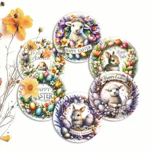 Happy Easter Wooden Cup Mats, Lavender & Tulip Floral Wreaths with Baby Lamb & Rabbit, Durable Moisture-Resistant Wood Coasters, Ideal for Easter Home Decor & Gift for Spring Lovers,Easter Wooden Coasters
