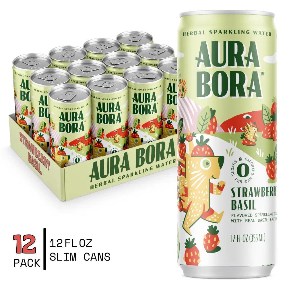 Aura Bora, Craft Sparkling Water Beverage made with Real Herbal Extracts, Strawberry Basil, 12oz cans, Pack of 12