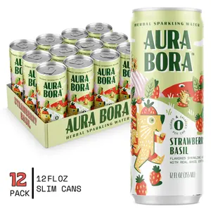 Aura Bora, Craft Sparkling Water Beverage made with Real Herbal Extracts, Strawberry Basil, 12oz cans, Pack of 12