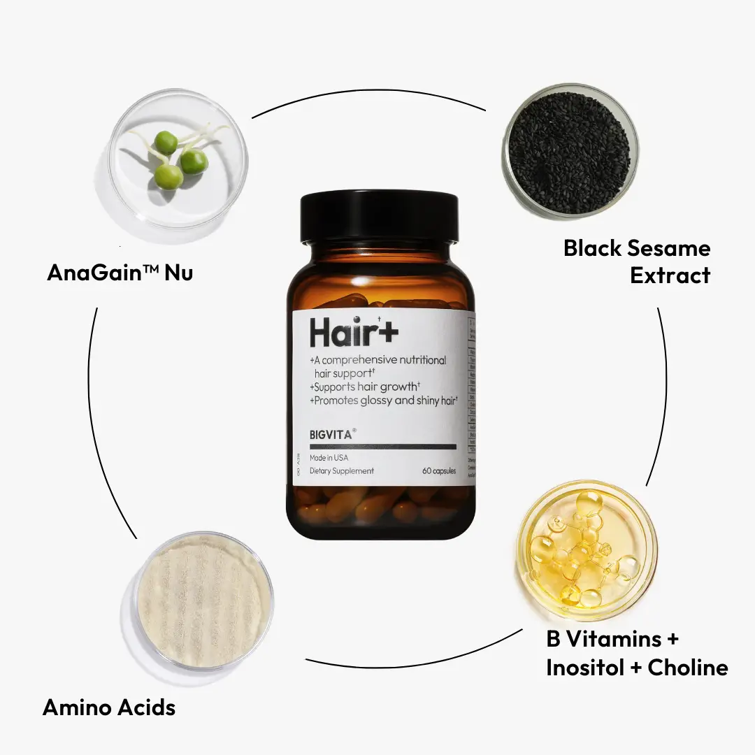 BIGVITA Hair+ | Vegan Hair Growth Supplements | Gluten-Free Vitamins for Healthy, Faster Hair Growth - Suitable for Women & Men