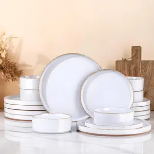 Ceramic Dinnerware Sets for 4, 12 count Handpainted Plates and Bowls Set with Rustic Terracotta Underside, Scratch Resistant Stoneware Dishes Set, Dishwasher & Microwave Safe
