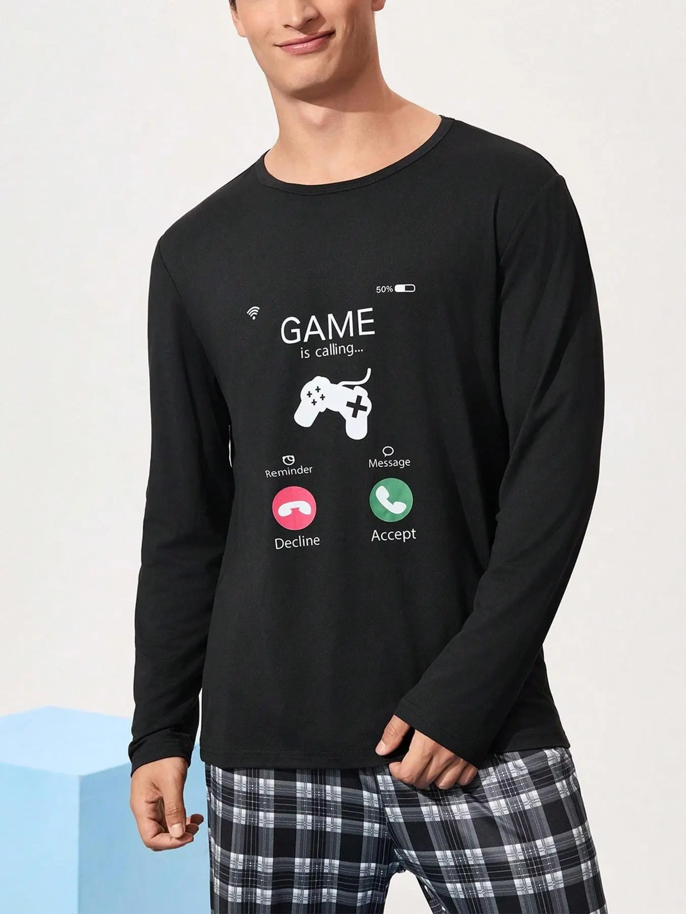 Men's "Game is Calling" Print Long Sleeve T-Shirt, Soft Breathable Cotton Blend Fabric, Crew Neck Casual Daily Streetwear, Black White Grey Available