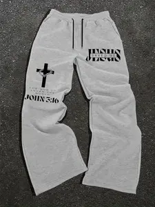 Trending Viral JESUS SAVED ME Religious Faith Black Loose Casual Pants JESUS SAVED ME + Thorn Cross + JOHN 3:16 Scripture + Black-White Contrast Print, Graphic Soft Fabric Casual Streetwear Essential Unisex Aesthetic Bottoms Religious Fai