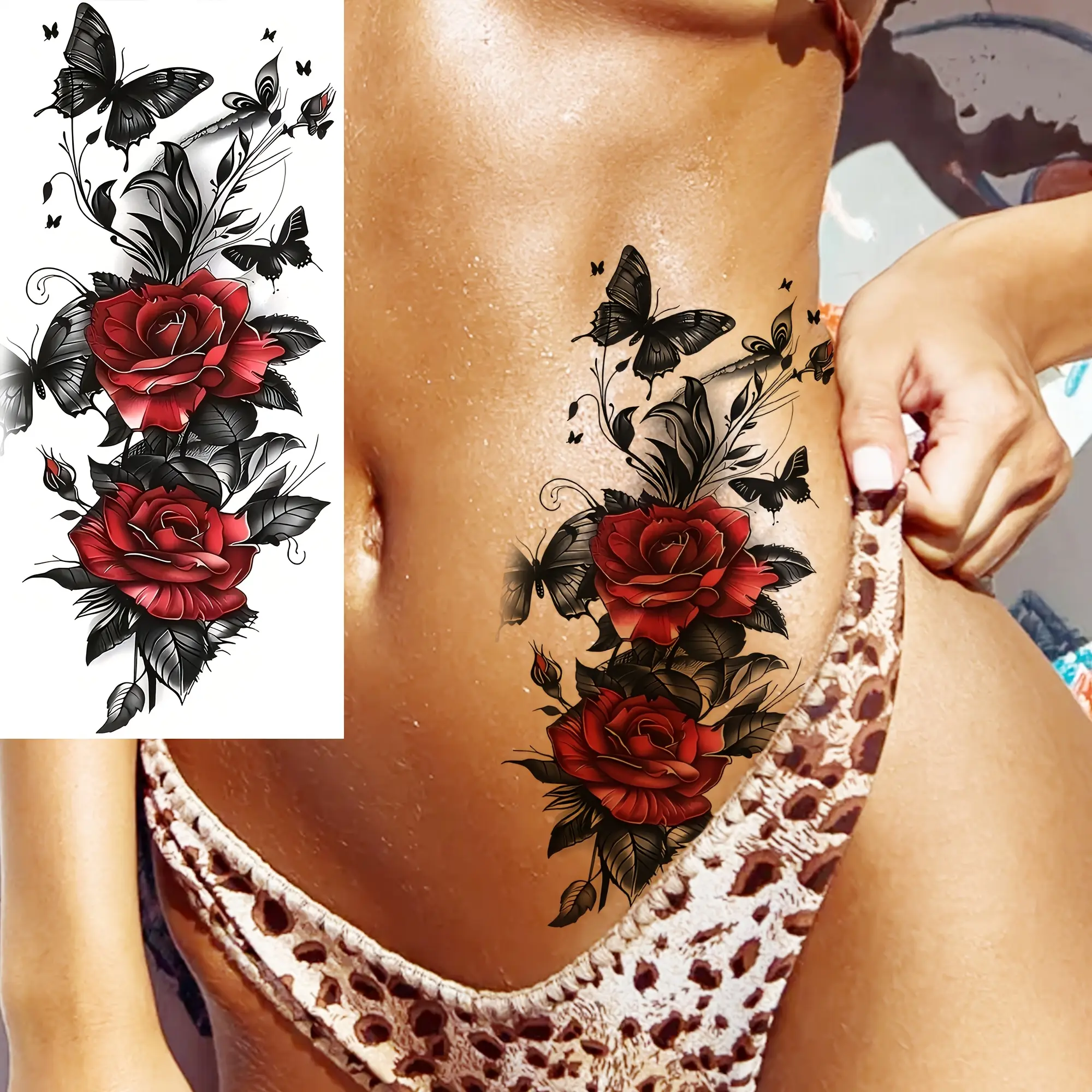 6 Temporary Stickers with 3 Items & 3 Random Designs Sexy Watercolor RoseFlower Butterflie Temporary Tattoos for Women Men Adults Hands Finger Foot Neck Clavicle Waist Legs Thigh Shoulder Ankles Forearm Shank Half Sleeve Arm Makeup