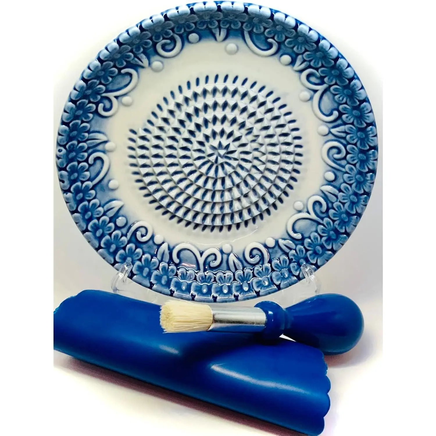 Garlic Grater Plate 4-Piece Set - Colorful Durable Synthetic Ceramic, Blue Embossed, Corrosion Resistant, Easy Clean for Grating Garlic/Ginger, 5.25" Plate, Includes Peeler, Brush, Stand, Dishwasher Safe