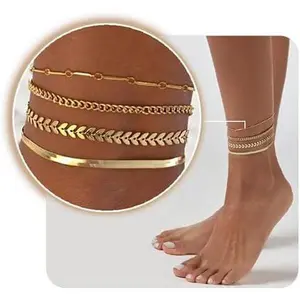 Waterproof Gold Anklets for Women, Dainty 18K Gold Plated Anklets Layered Cuban Link Chain Herringbone Cute Anklets Set Summer Beach Jewelry Valentine’s Day Gift for Women
