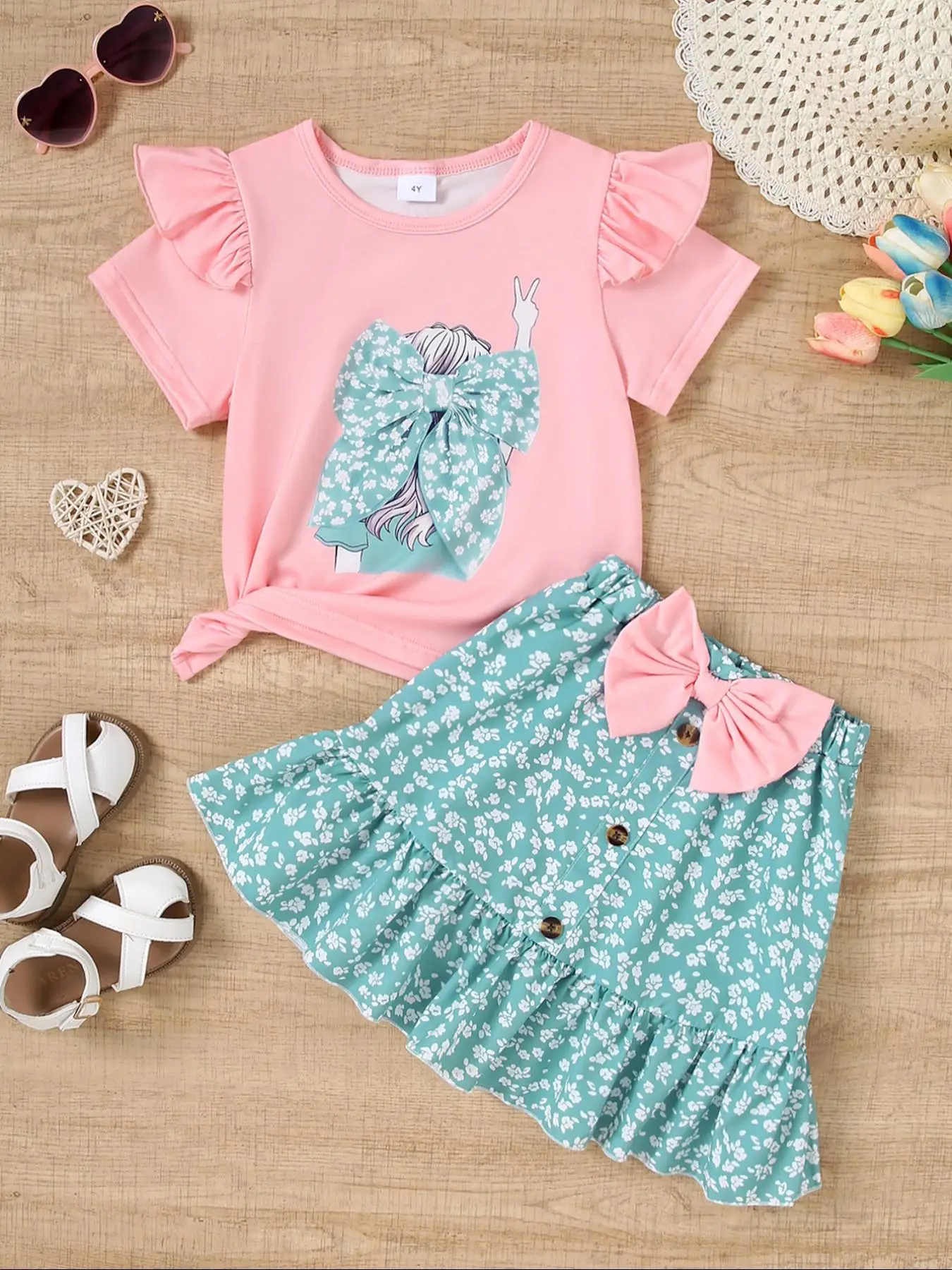 Two-piece Set Girl's Girl Print Tee & Bow Decor Skirt, Casual Cute Fashion Round Neck Short Sleeve T-shirt & Skirt for Daily Wear, Kids Summer Clothes