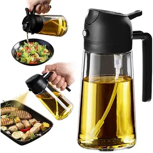 16oz/470ml Glass Olive Oil Sprayer with Nozzle & Lid - 2-in-1 Oil Dispenser Bottle, Kitchen Utensil & Gadget for Air Fryer Accessories, Salad