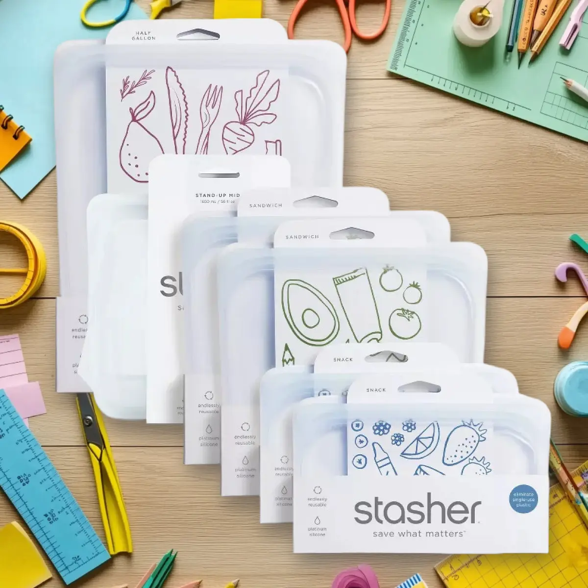 Stasher Reusable Bags Starter Set Plus 6pk Clear - Reusable Food Bags, Starter Set, 6pk Clear, Eco-Friendly, Leak-Proof, BPA-Free, Value Pack