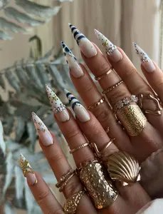 [FLASH SALE 50%] Blue Stripe Press On Nails | Almond Shape Gold Accent French Tip | Elegant Set