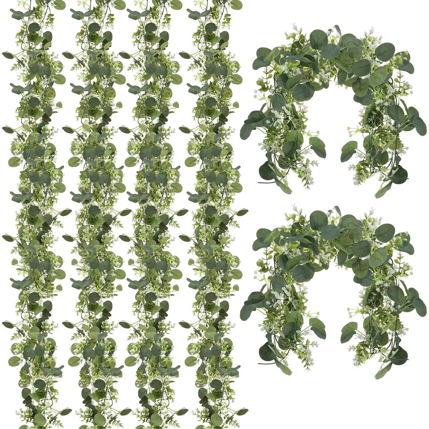 6 Pack 5.9 Feet Faux Eucalyptus Garlands Bulk, Artificial Wedding Garland with White Flowers Faux Silver Dollar Eucalyptus Leaves Vines for Table Home Wedding Party Indoor Outdoor Decor